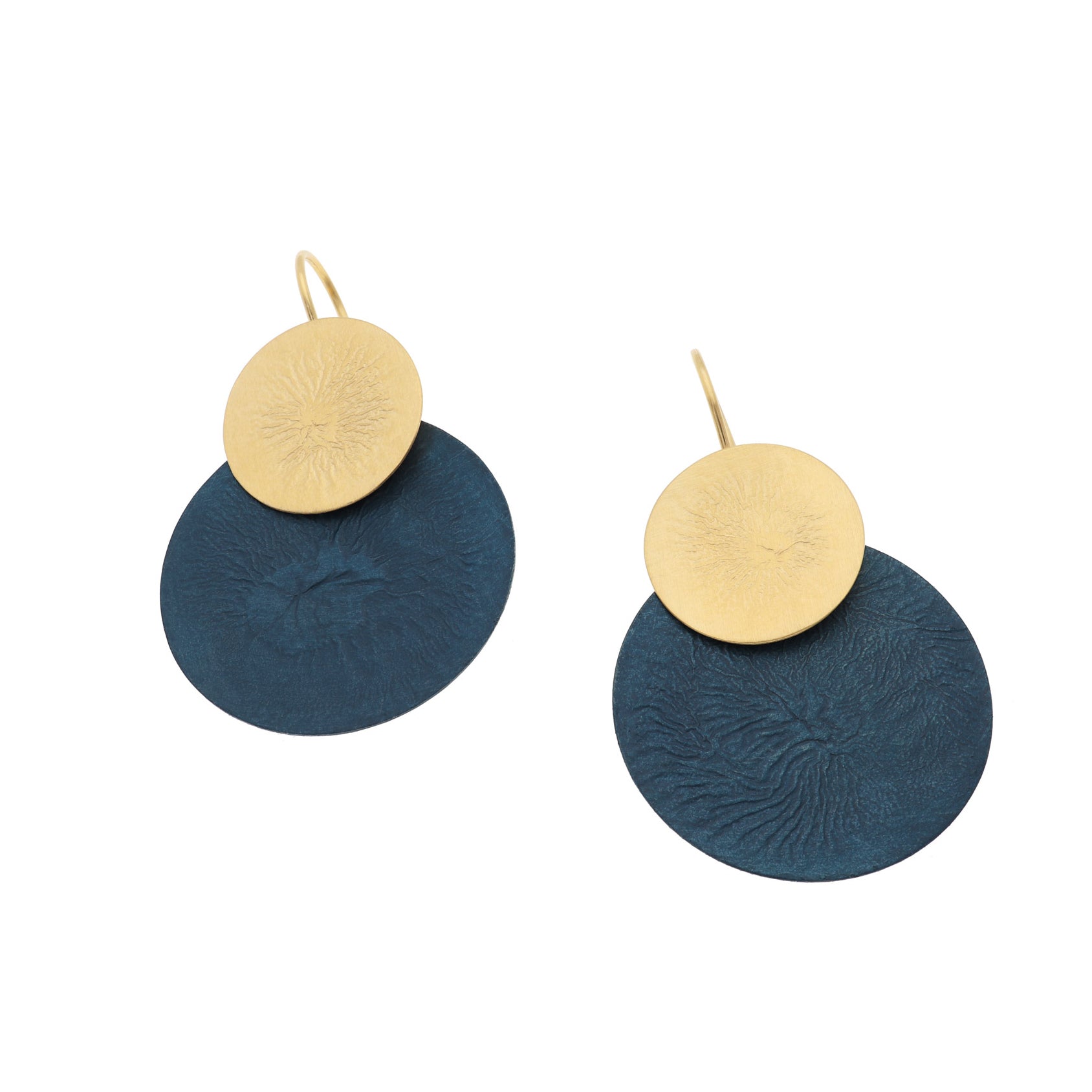 Teal Blue, Gold Vermeil  Moon Surface Discs Earrings