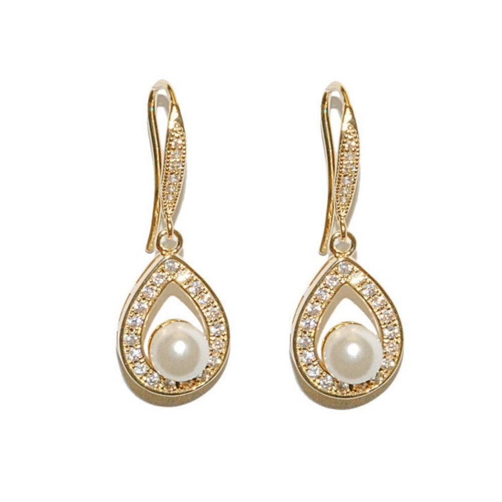  'Drew' Gold Pearl Diamante Drop Earrings