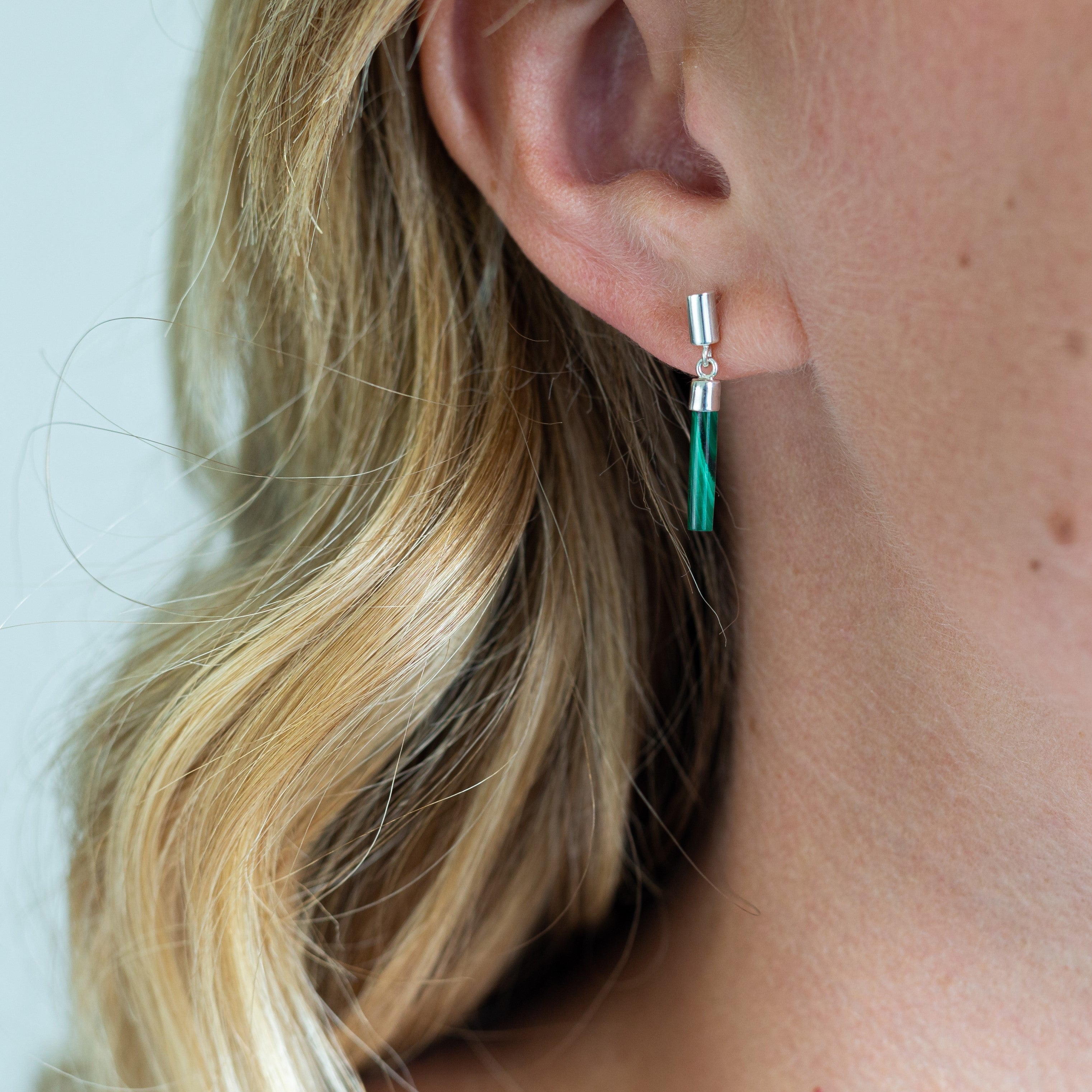 Malachite Green Drop Bar Sterling Silver Earrings