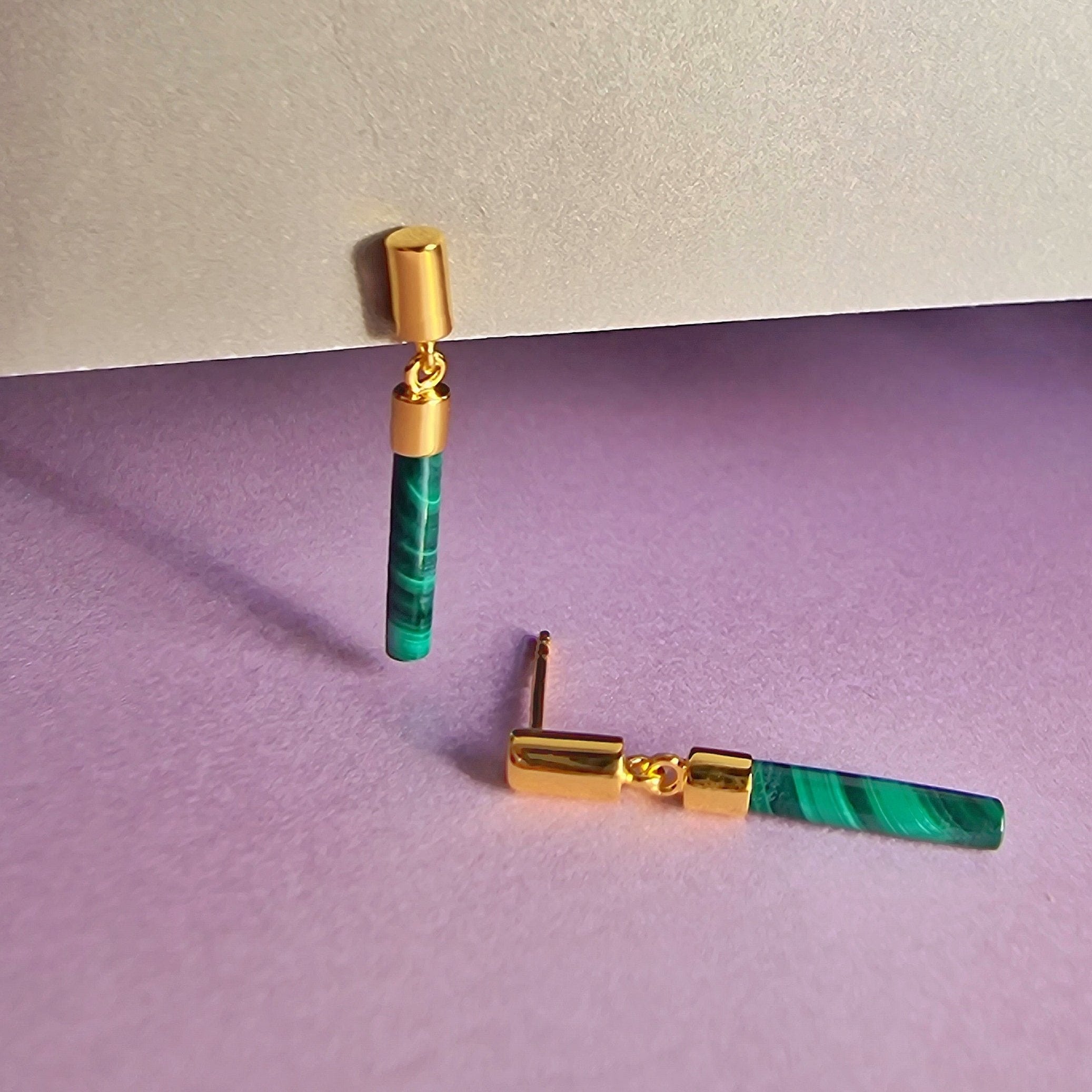 Malachite Drop Bar Gold Stud Earrings