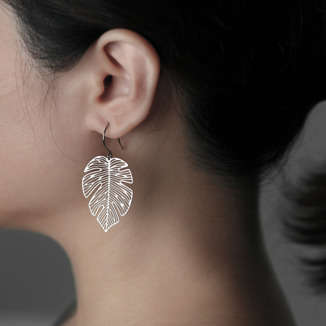 Moorigin_laser_cut_lightweight_jewellery_earrings_drop_monstera_deliciosa_leaf_gold_plated_stainless_steel