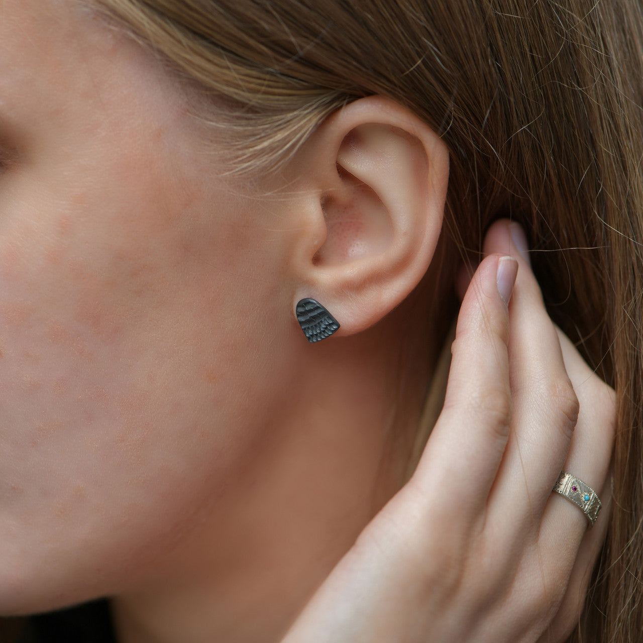 Milly_Thomas_handmade_earrings_studs_oxidised_sterling_silver_archway_embossed_textured_Australia