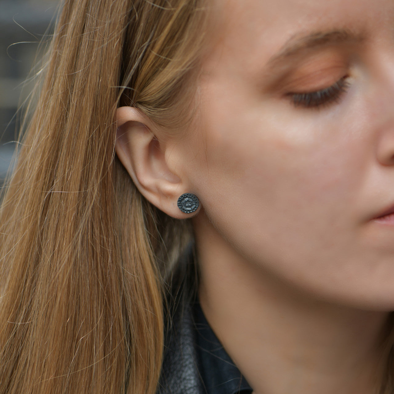 Milly_Thomas_handmade_jewellery_earrings_studs_button_round_circle_embossed_oxidised_sterling_silver_Australia