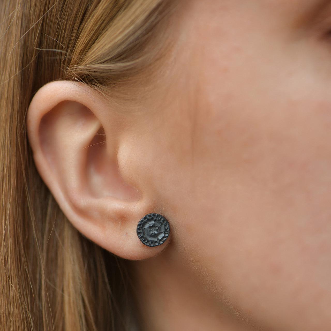 Milly_Thomas_handmade_jewellery_earrings_studs_button_round_circle_embossed_oxidised_sterling_silver_Australia