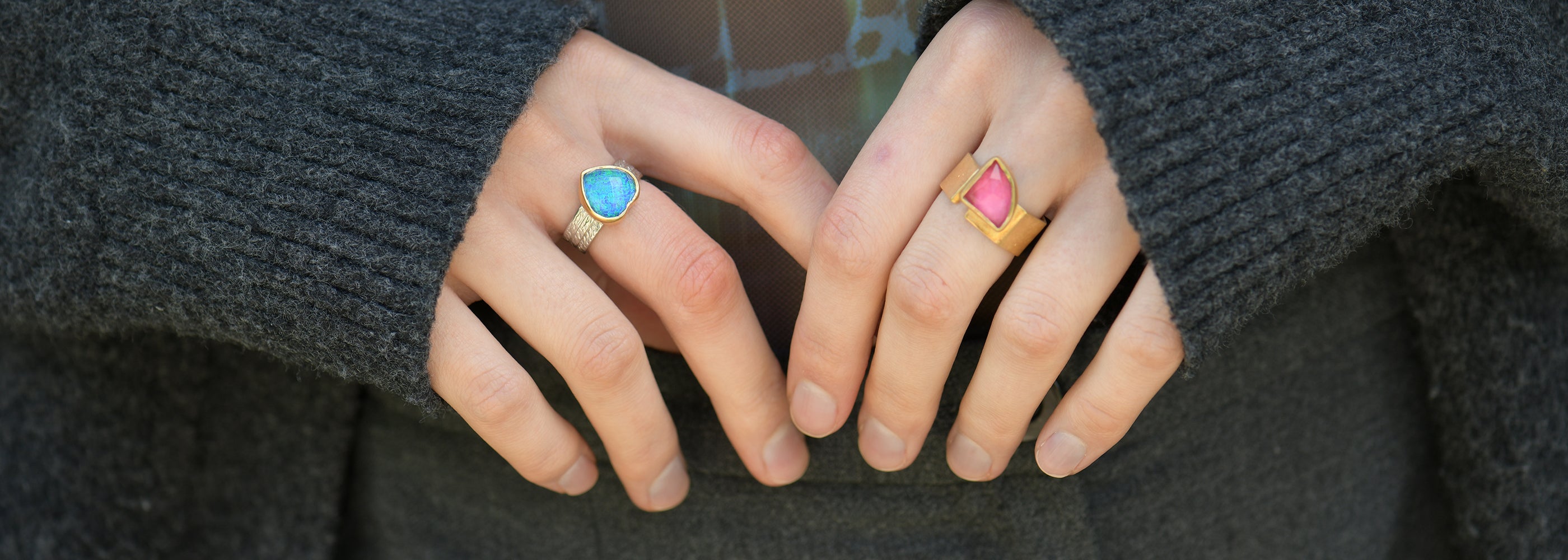 a heart shaped quartz in intense blue colour set on a thick silver ring back