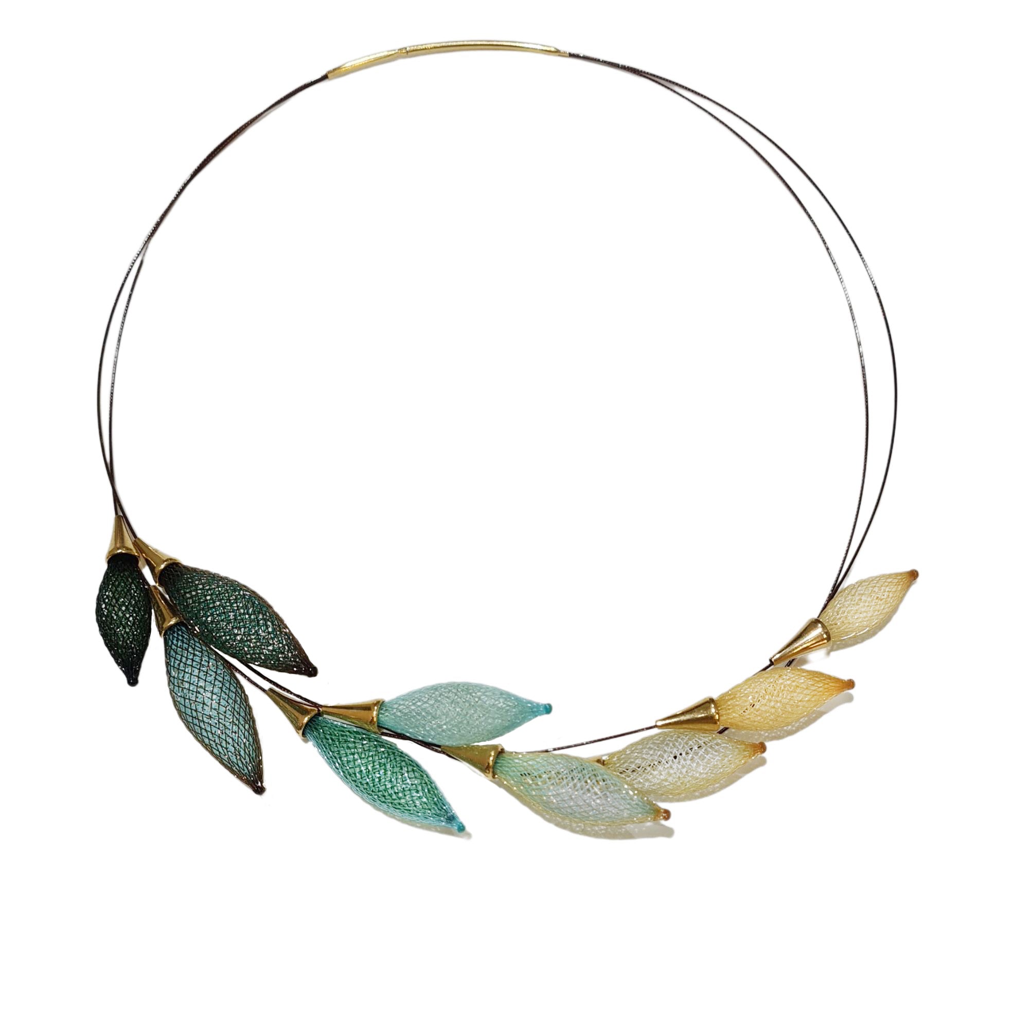 Yellow and Green Silver Epineux Gradient Leaves Pods Choker Necklace