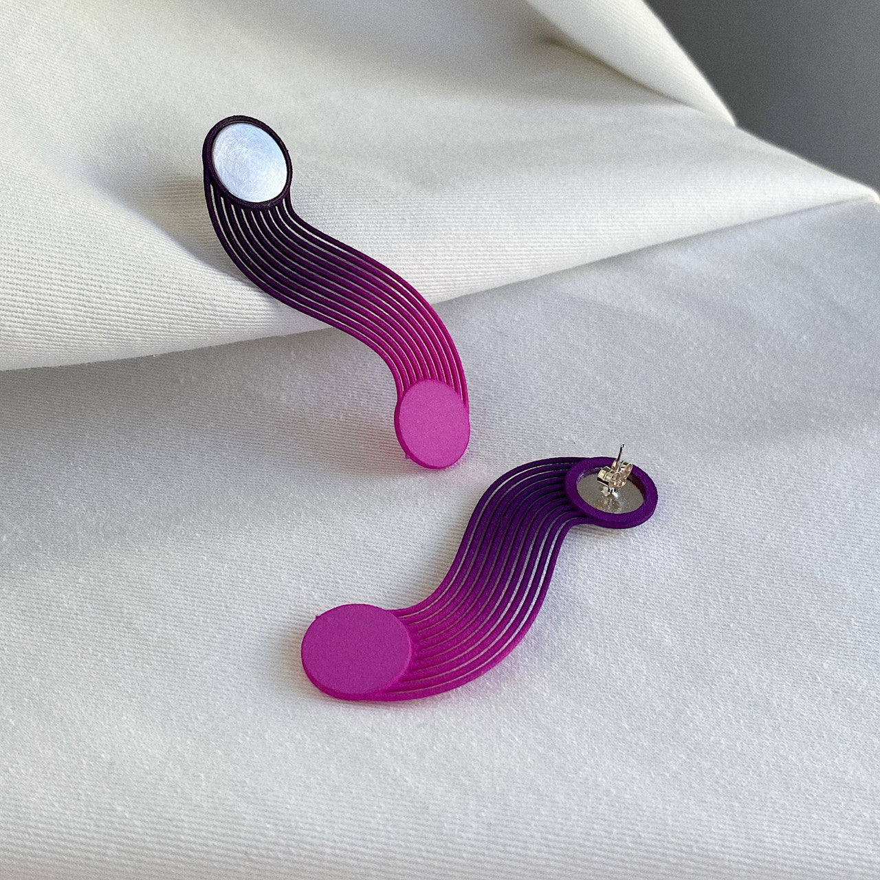 Eve_Balashova_handmade_jewellery_earrings_long_statement_pink_purple_sterling_silver_3D_printed_nylon