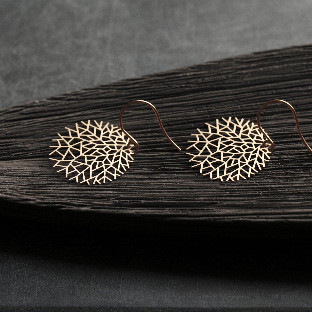 Moorigin  jewellery Woods gold earrings, laser cut, delicate, boutique, Edinburgh