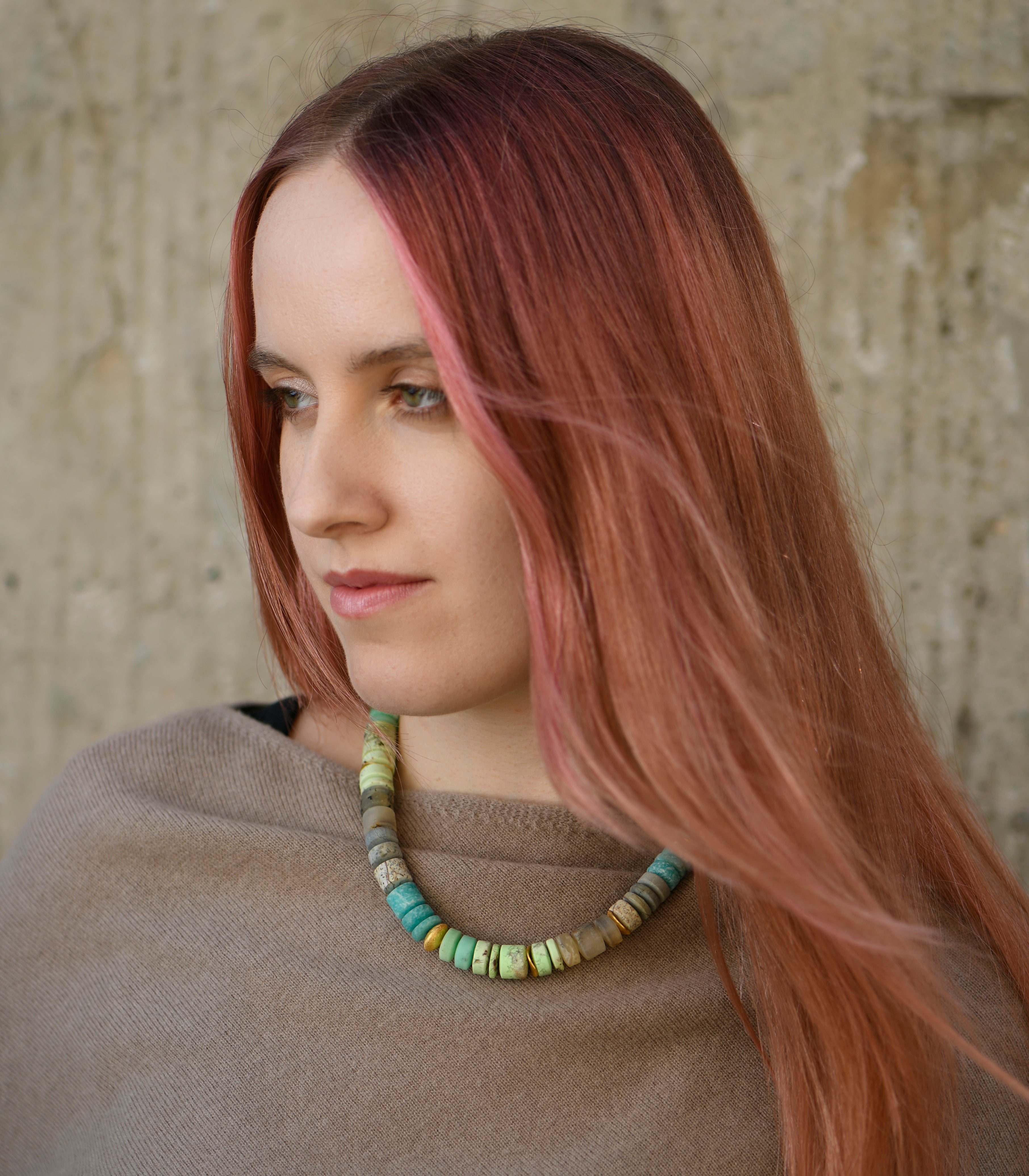 Lemon-Chrysoprase, Amazonite, Jasper, Dendrite-Agate Necklace with Gold Plated Silver