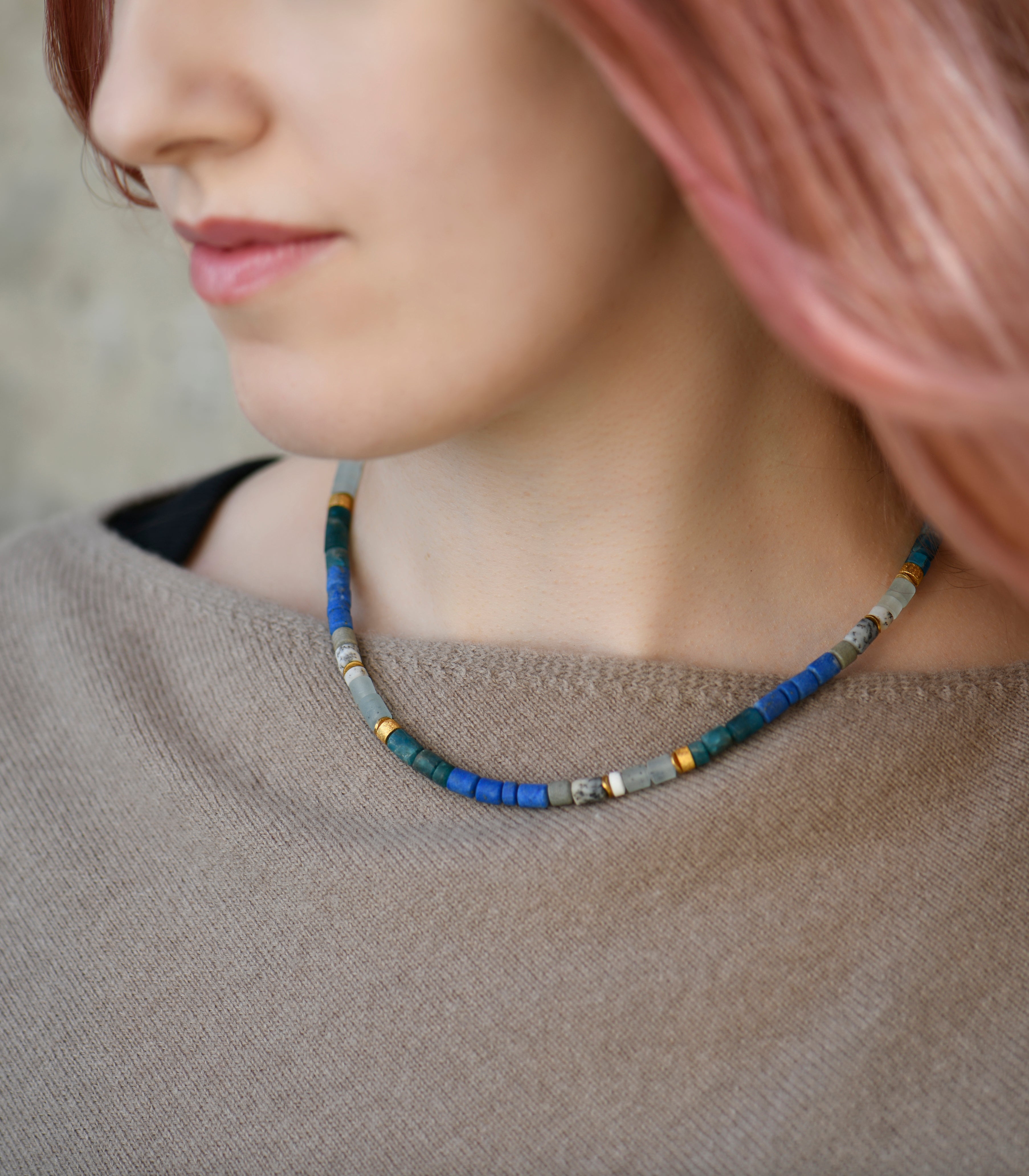 Aquamarine, Jasper, Dendrite-Agate, Lapislazuli, Apatite Necklace with Gold Plated Silver