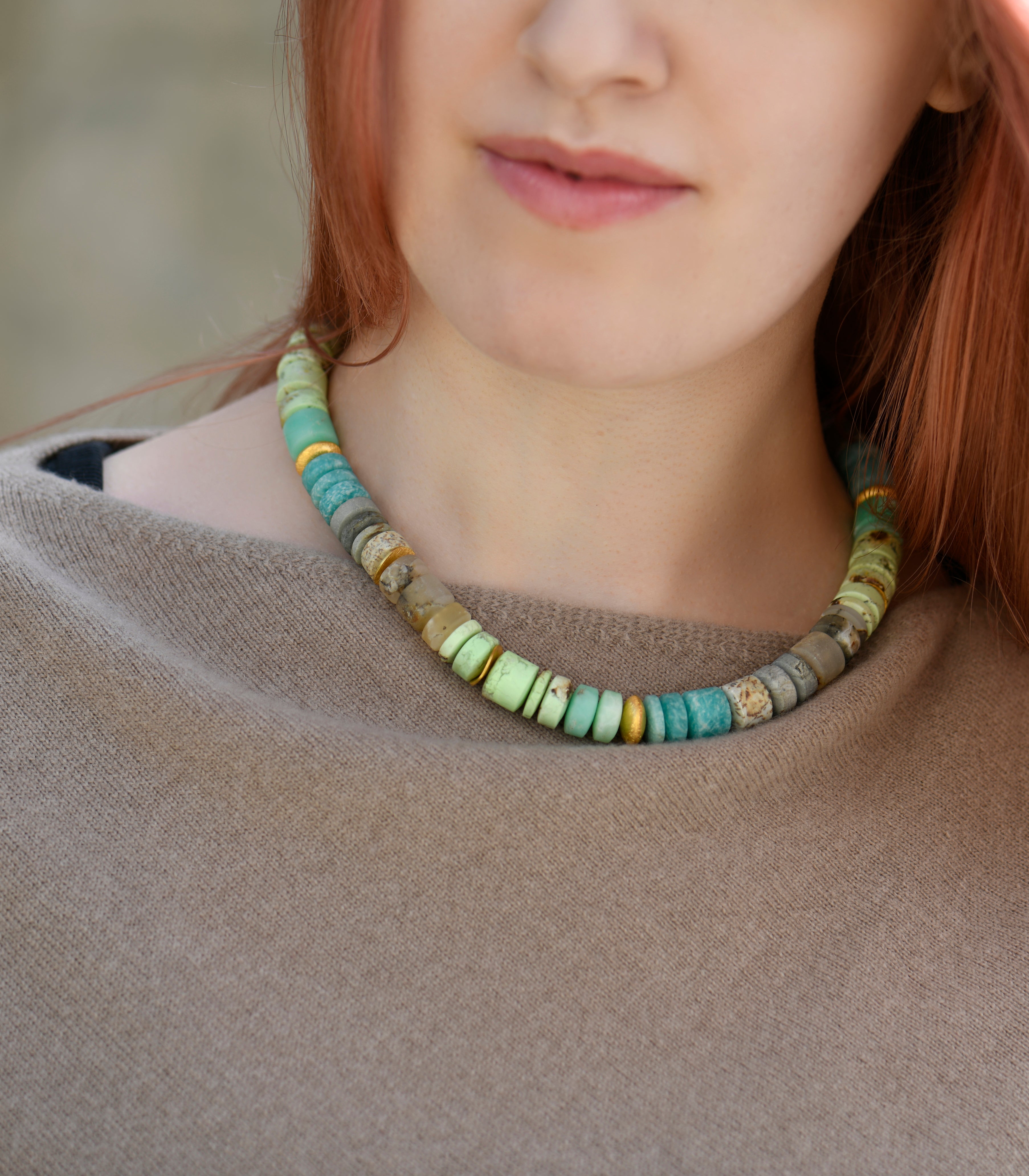 Lemon-Chrysoprase, Amazonite, Jasper, Dendrite-Agate Necklace with Gold Plated Silver