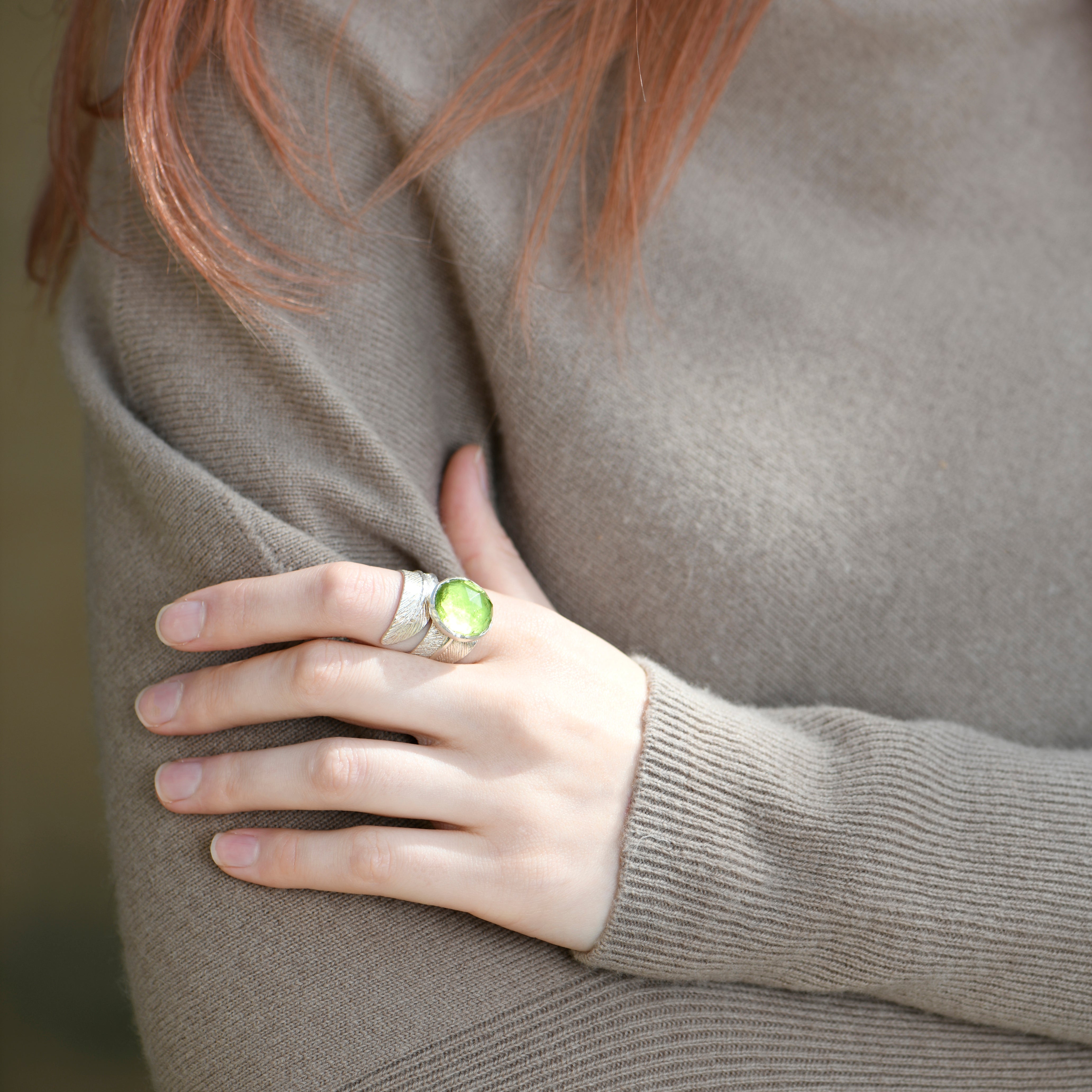 Silver Feather with Green Peridot Ring