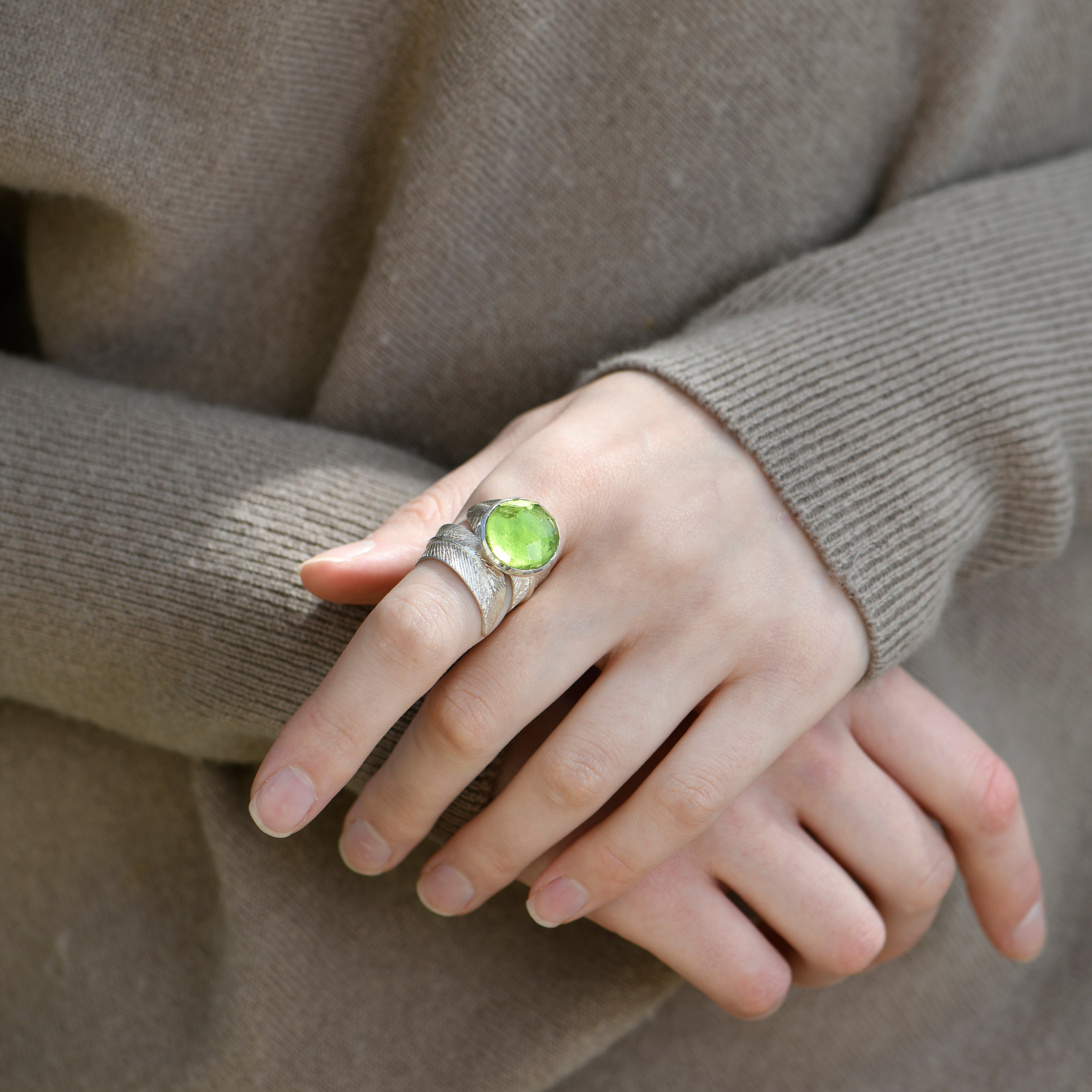 Silver Feather with Green Peridot Ring