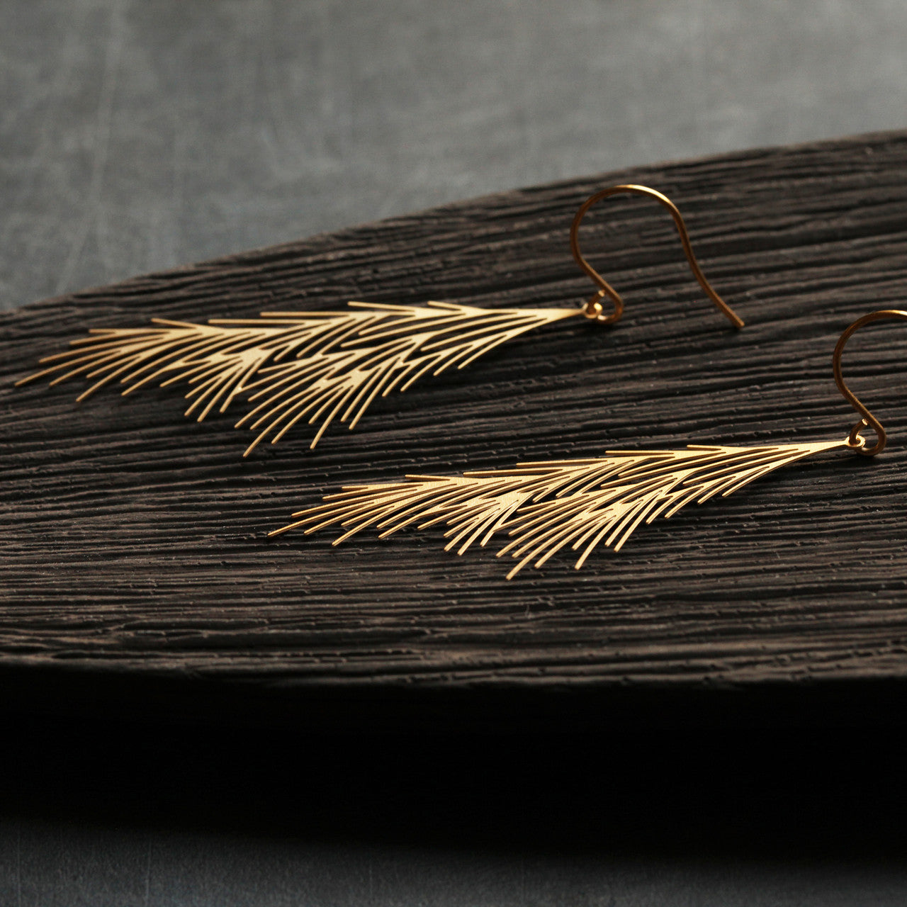 Moorigin  jewellery Common Reed gold earrings, laser cut, delicate, boutique, Edinburgh