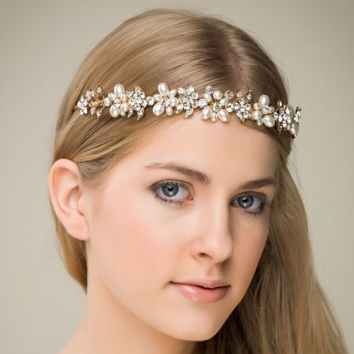 'Yasmin' Gold Glamour Pearl Crystal Princess Tiara