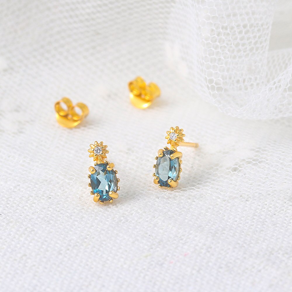 Gold Plated and Sapphire Blue Oval Stud Earrings